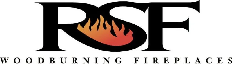 Logo of RSF Woodburning Fireplaces featuring the letters RSF with a stylized orange and red flame in the center. The text Woodburning Fireplaces is below in capital letters.
